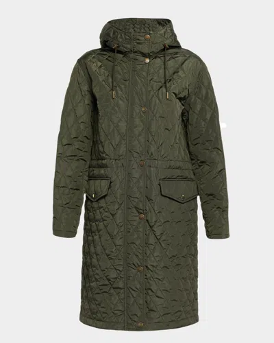 Burberry Hillgate Quilted Long Hooded Jacket In Green