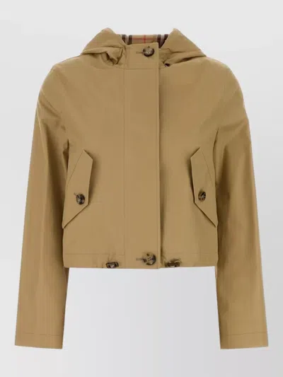 Burberry Hooded Gabardine Coat Long Sleeves Pockets In Brown