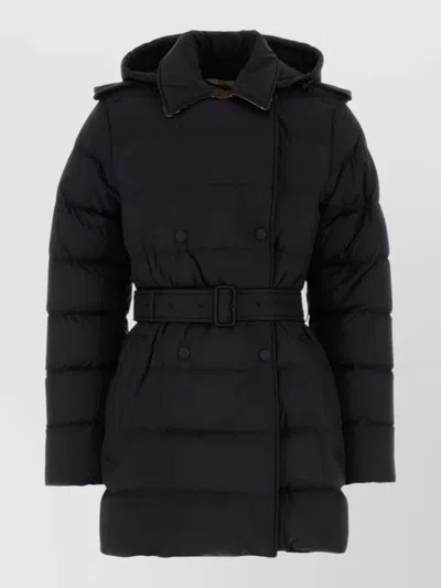 Burberry Hooded Nylon Down Coat Belted Double Breasted In Blue