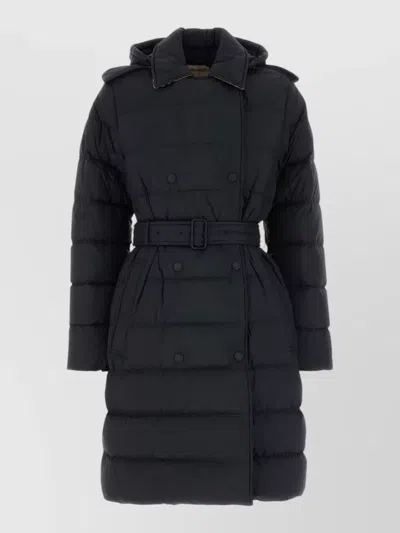 Burberry Hooded Nylon Down Coat Belted Waist In Blue