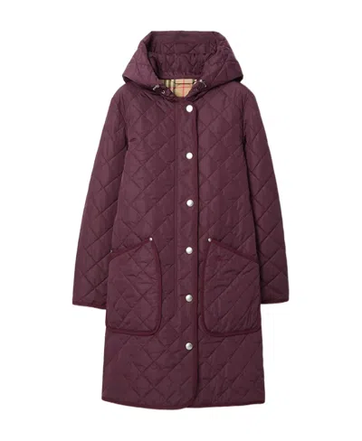 Burberry Hooded Quilted Coat In Burgundy