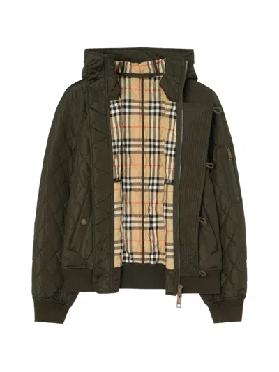 Burberry Hooded Quilted Nylon Bomber Jacket In Green