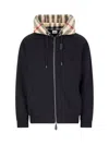 Burberry Cotton Check Pattern Drawstring Hooded Sweater With Front Zip In Black