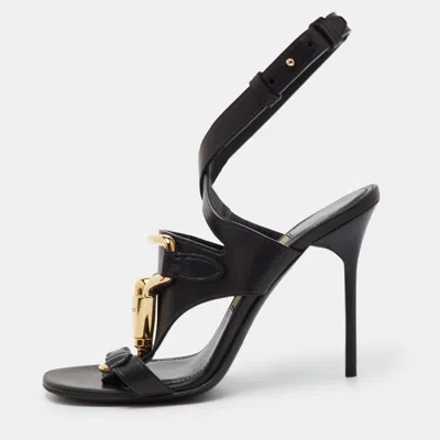 Pre-owned Burberry Horse Clip Bridle Size 36.5 Black Leather Ankle Strap Sandals