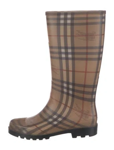 Pre-owned Burberry Horseferry Check Pattern Rubber Rain Boots In Brown
