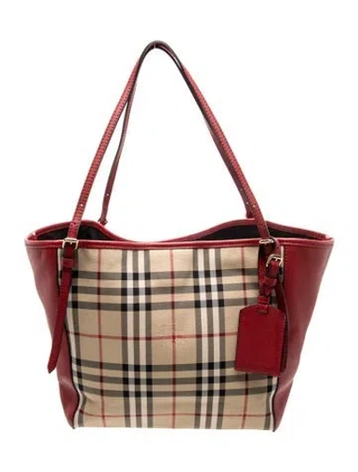 Pre-owned Burberry Horseferry Check Tote In Red