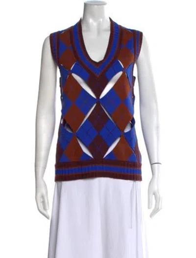 Pre-owned Burberry Houndstooth Print V-neck Sweater In Blue