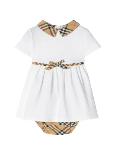 Burberry Babies' House Check Bow Detail Dress Matching Bloomers Set In White