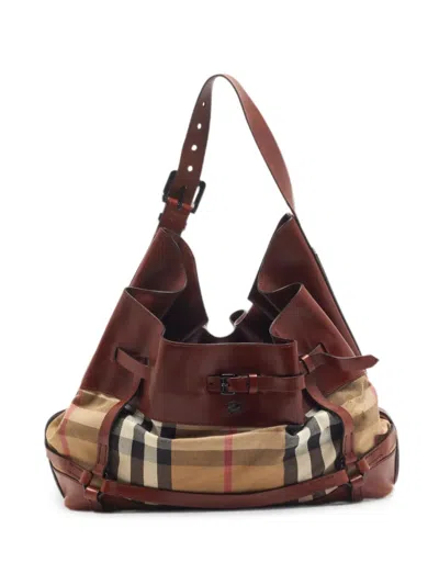 Pre-owned Burberry House Check Bridle Hobo Bag In Brown