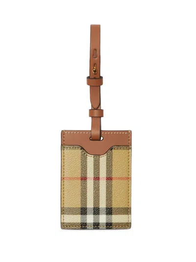 Burberry Beige Check Motif Leather Luggage Tag