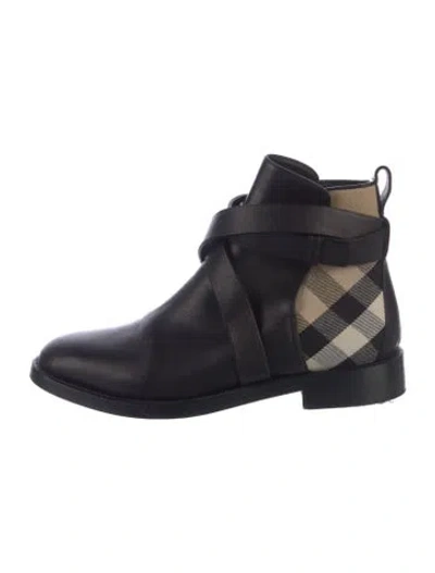 Pre-owned Burberry House Check Pattern Leather Boots In Blue