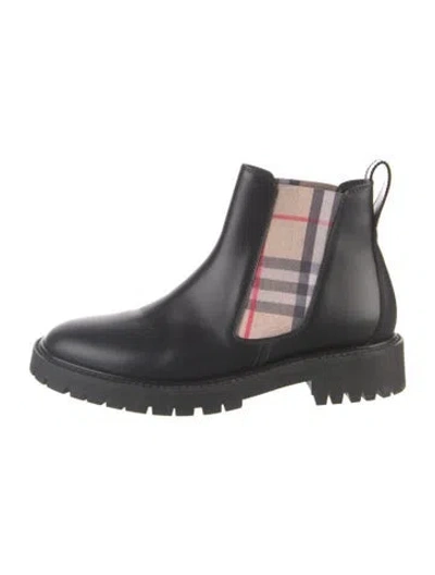 Pre-owned Burberry House Check Pattern Leather Chelsea Boots In Black
