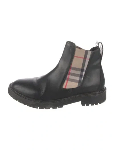 Pre-owned Burberry House Check Pattern Leather Chelsea Boots In Black