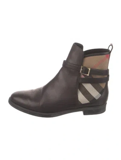 Pre-owned Burberry House Check Pattern Leather Chelsea Boots In Brown