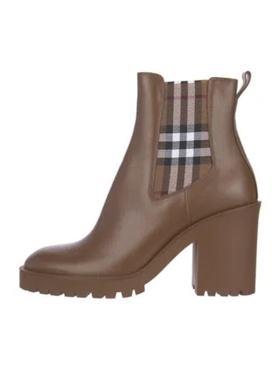 Pre-owned Burberry House Check Pattern Leather Chelsea Boots In Brown