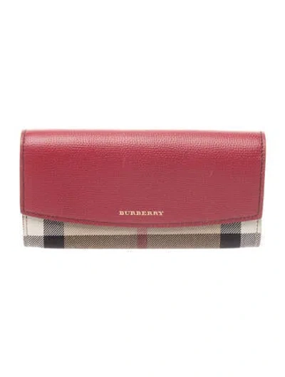 Pre-owned Burberry House Check Pattern Leather Continental Wallet In Neutrals/red