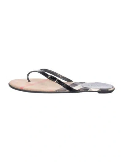 Pre-owned Burberry House Check Pattern Leather Flip Flops In Black