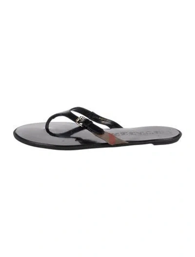 Pre-owned Burberry House Check Pattern Leather Flip Flops In Black