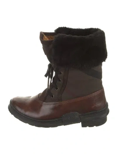 Pre-owned Burberry House Check Pattern Leather Lace-up Boots In Brown