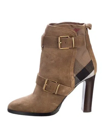 Pre-owned Burberry House Check Pattern Suede Boots In Brown