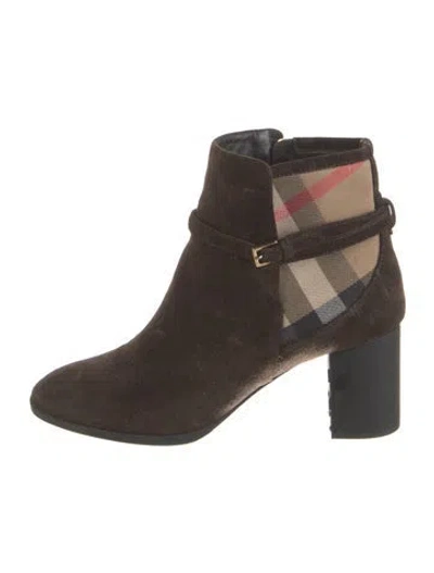 Pre-owned Burberry House Check Pattern Suede Boots In Brown