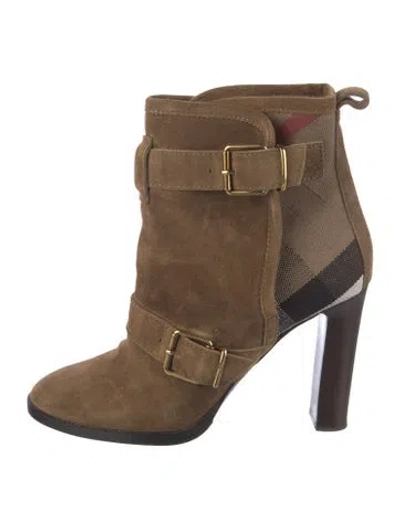 Pre-owned Burberry House Check Pattern Suede Boots In Brown