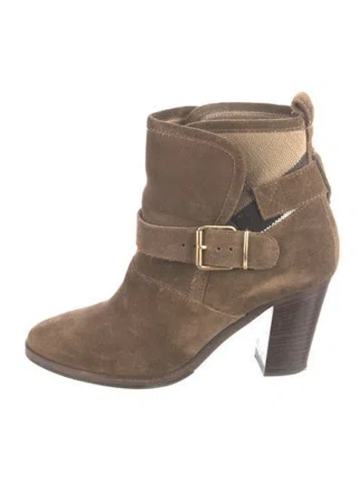 Pre-owned Burberry House Check Pattern Suede Moto Boots In Brown