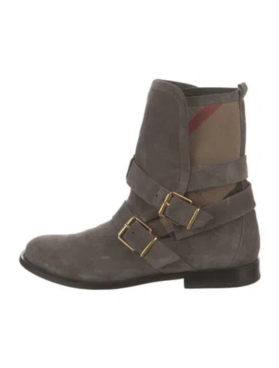 Pre-owned Burberry House Check Pattern Suede Moto Boots In Gray