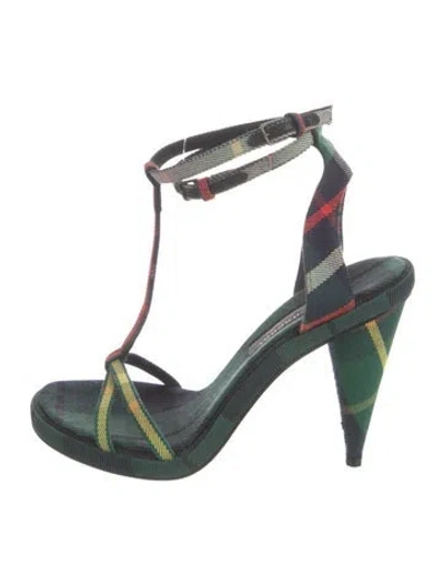 Pre-owned Burberry House Check Pattern T-strap Sandals In Green