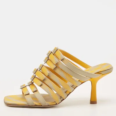 Pre-owned Burberry Hunter Check Size 35 Yellow/beige Canvas Carmine Strap Slide Sandals