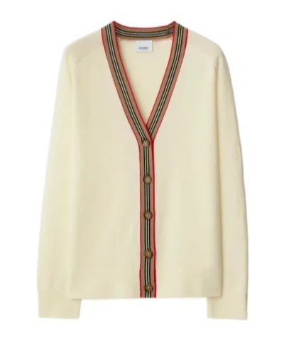 Burberry Icon Stripe Trim Wool Cardigan In Neutral