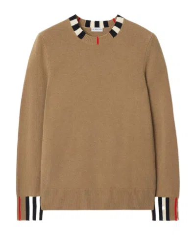 Burberry Icon Stripe Trim Wool Cashmere Sweater