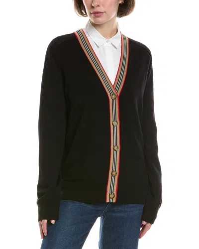 Burberry Icon Stripe Wool Cardigan In Black