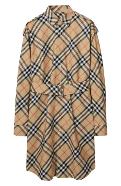 Burberry Iconic Check Long Sleeve Cotton Twill Shirtdress In Sand Ip Check