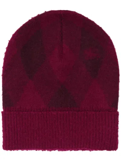 Burberry Intarsia-knit Logo Argyle Checked Beanie In Red