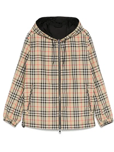 Burberry Rainford Beige Check Nylon Reversible Jacket In Blue