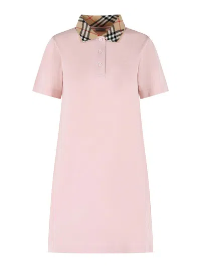 Burberry Piquet Polo Dress Checked Collar Short Sleeves In Pink