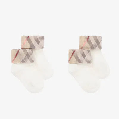 Burberry Babies' Ivory Knitted Cotton Socks (2 Pack) In White