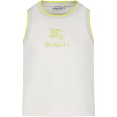 Burberry Kids' Ivory Tank Top For Girl With Logo And Equestrian Knight In Wheat