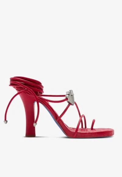Burberry Ivy Shield 105 Wraparound Leather Sandals In Red
