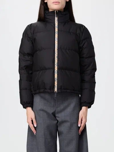 Burberry Black Zipup Down Jacket With Check Detail In Blue