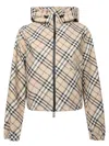 Burberry Hooded Check Pattern Jacket With Elasticated Cuffs In Beige