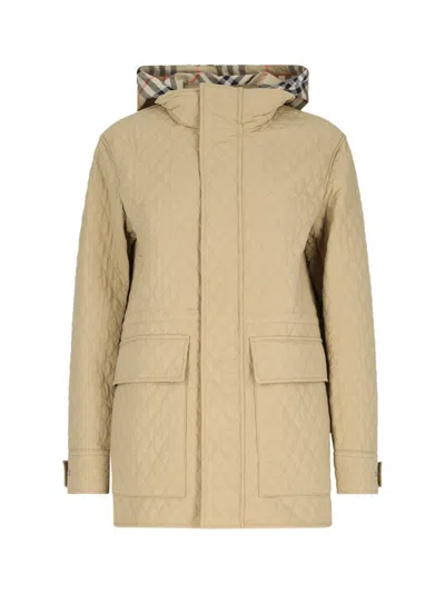 Burberry Quilted Nylon Jacket With Check Hood In Beige