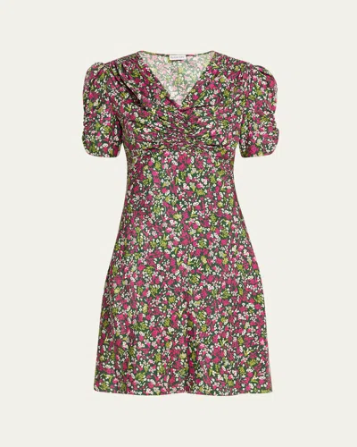 BURBERRY JADE FLORAL-PRINT SILK RUCHED SHORT-SLEEVE MINI DRESS