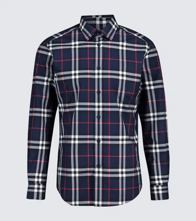 Burberry Embroidered Detail Check Cotton Shirt In Navy