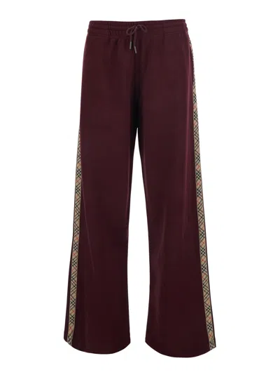 Burberry Jodie Cotton Drawstring Waist Check Side Wide-leg Pants In Burgundy