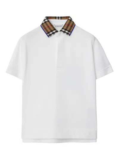 BURBERRY JOHANNE WHITE POLO SHIRT WITH CHECK MOTIF COLLAR IN COTTON BOY