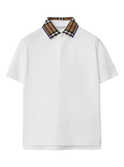 Burberry Kids' Johanne White Polo Shirt With Check Motif Collar In Cotton Boy