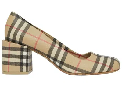 Pre-owned Burberry Joy Vintage Check Block Heel Pumps (women's) Sneakers In Beige