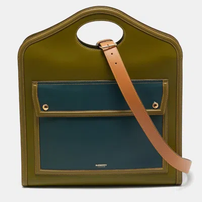 Pre-owned Burberry Juniper Green/blue Leather Medium Pocket Tote